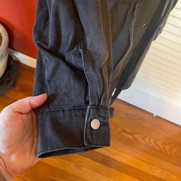 H&M DENIM | black belted denim oversized button down dress L - Picture 5 of 11